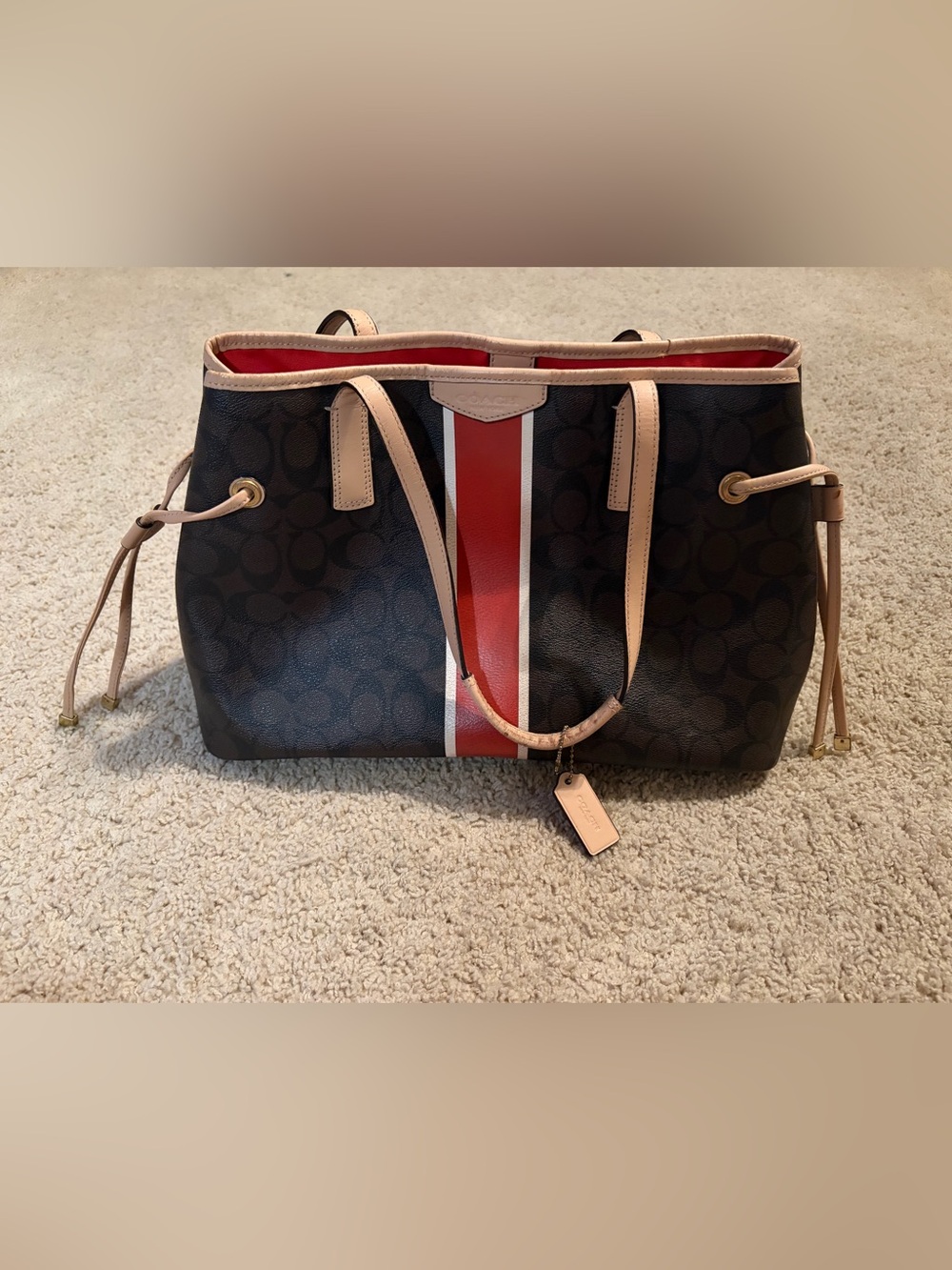 Coach Brown Signature Tote with Red Center Stripe and Tan Trim